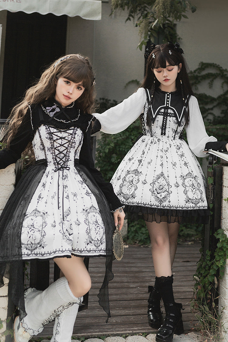 Monochrome Lace Butterfly Print Gothic Lolita One-Piece Dress