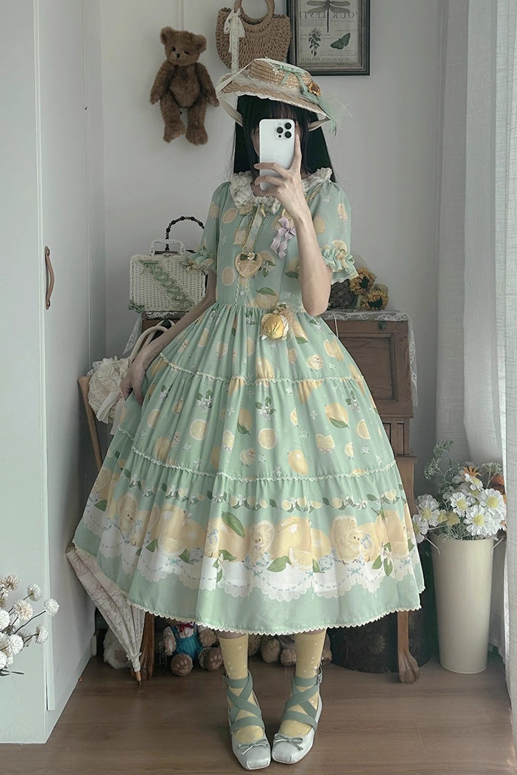 Verdant Short Sleeve Printed Ruffle Bow Lace Daily Sweet Dress - Lemon Chicken
