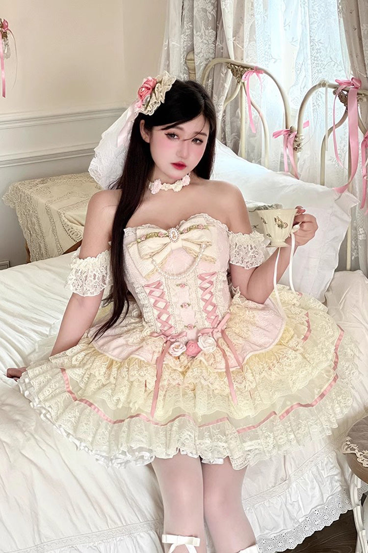Rose Petal Triple-Tier Bow Lace Gorgeous Lolita Skirt - Sweet Tea Rose Dew