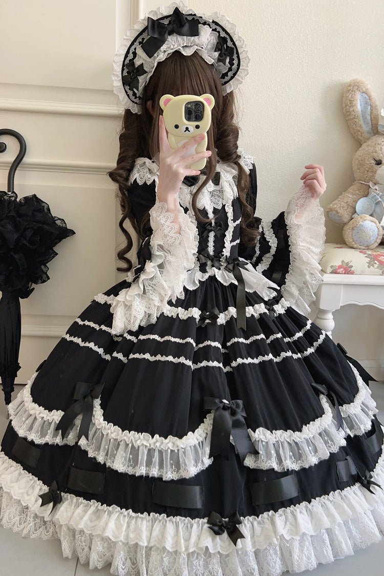 Black Round Collar Long Trumpet Sleeve Bow Lace Elegant Princess Dress