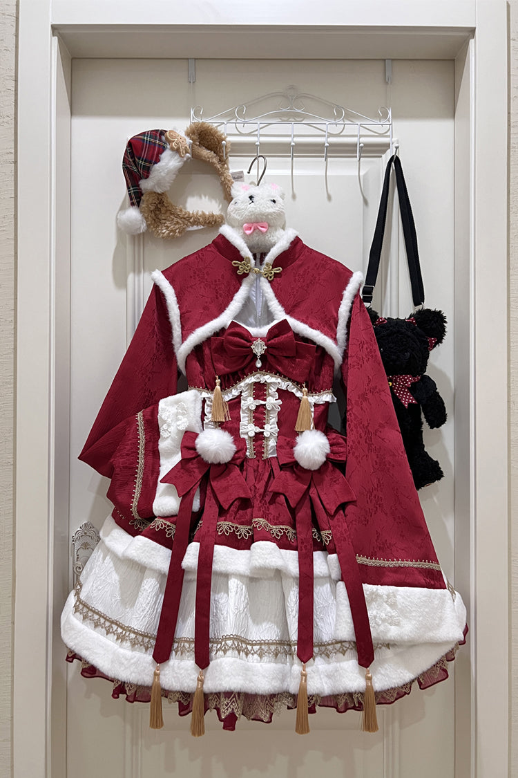 Crimson Snow Rabbit Long Sleeve Frill Bow Faux Two-Piece Sweet Lolita Gown