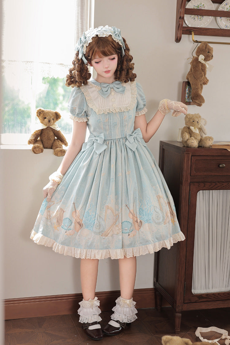 Underwater Concert Round Collar Short Sleeve Printed Bow Sweet Lolita Gown