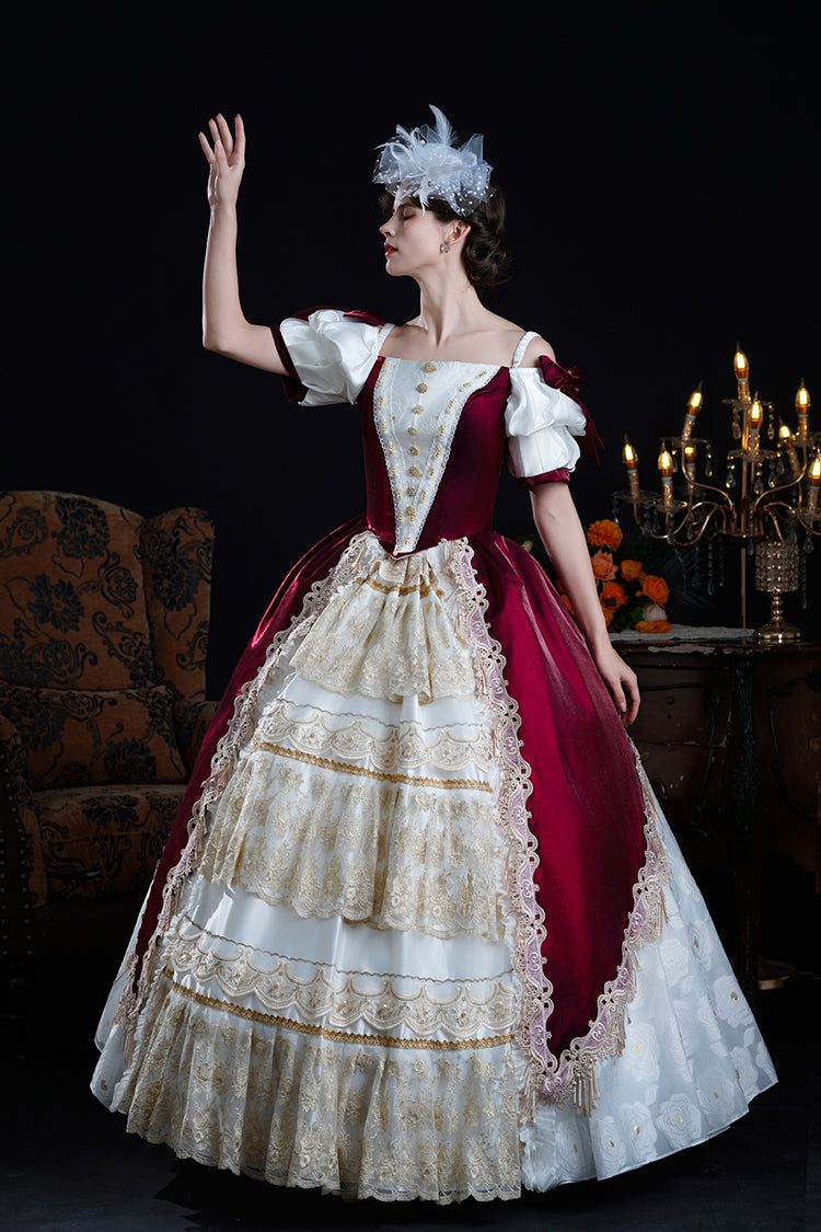 Crimson Apricot Off-Shoulder Short Sleeve Ruffled Cardigan Bow Lace Classic Victorian Lolita Dress