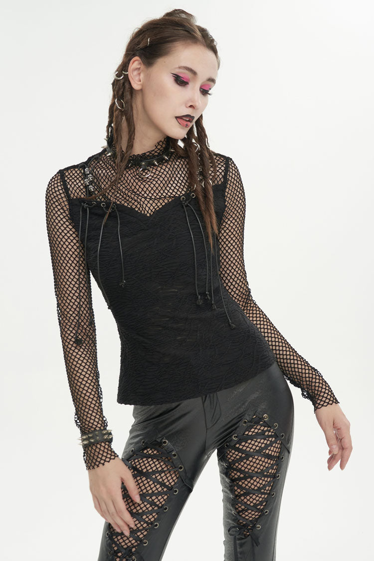 Punk T-Shirt with Faux Suspenders and Knit Mesh