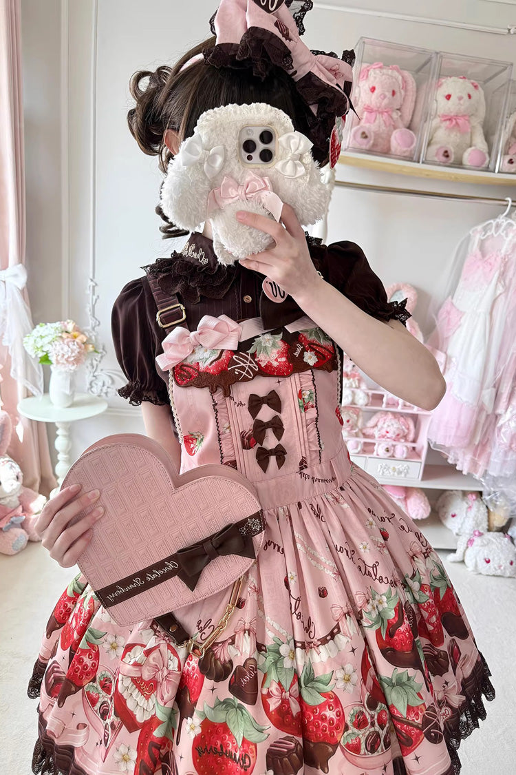 Rose Sleeveless Embroidered Bow Lace Lolita Strap Dress - Strawberry Chocolate Lover