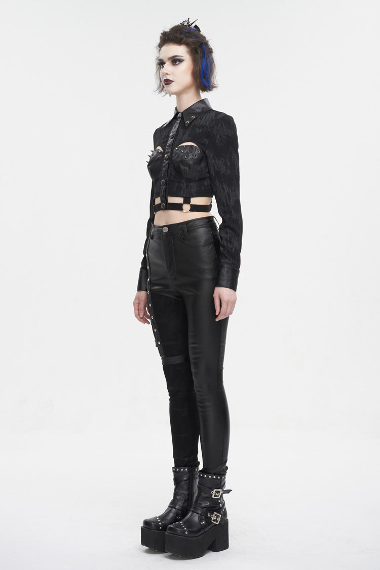 Studded Punk Shirt with Cutout and Turn Down Collar