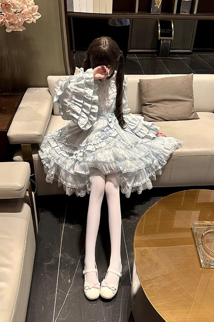 Soloist Doll Long Hime Sleeve Layered Print Ruffle Asymmetric Sweet Lolita Dress