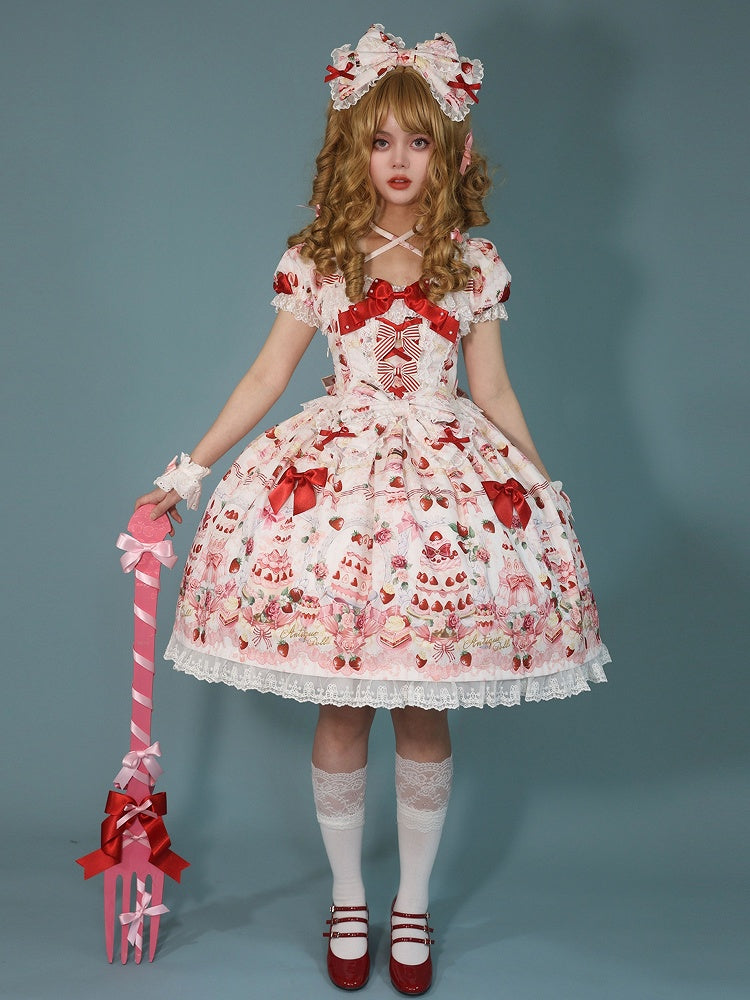 Sweet White Full Set Bow Cake Strawberry Accents Dress Print / Lolita