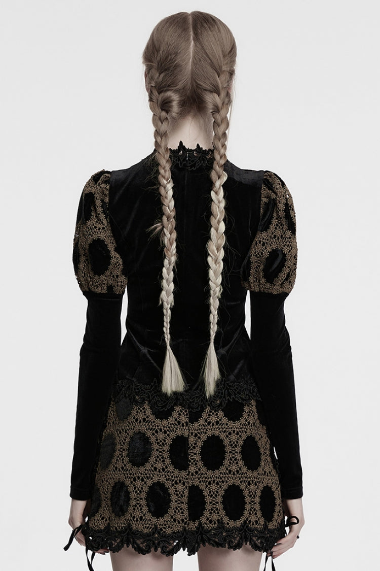 Gothic Blouse with Puff Sleeves and Embroidery in Coffee