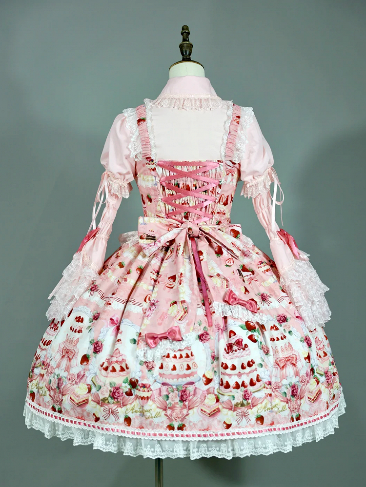 Accents Bow JSK Strawberry Print Full Sweet Set / Pink Desserts Lolita and