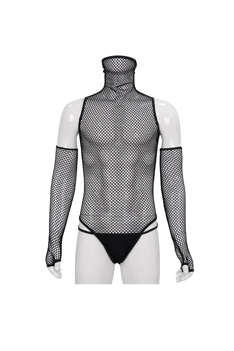 Sheer Mesh High-Collar Punk Onesie with Masked Gloves for Men