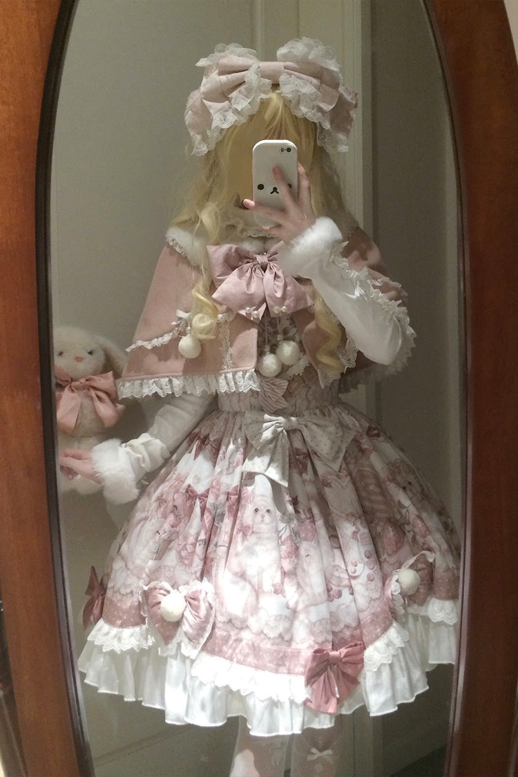 Pink Princess Dessert Cat Print Bow Lace Lolita Dress Set