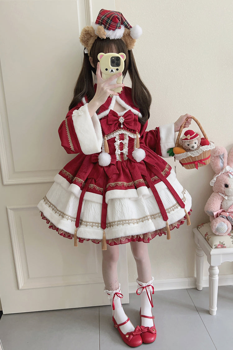 Crimson Snow Rabbit Long Sleeve Frill Bow Faux Two-Piece Sweet Lolita Gown