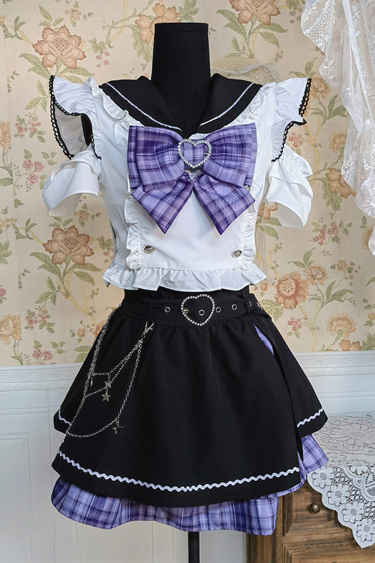 Black White Short Sleeve Printed Bow Sweet Jirai Kei Skirt Set