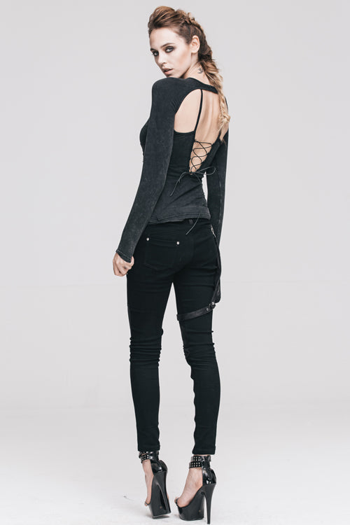 Women's Punk T-Shirt with Hollow Out Long Sleeves Straps Design