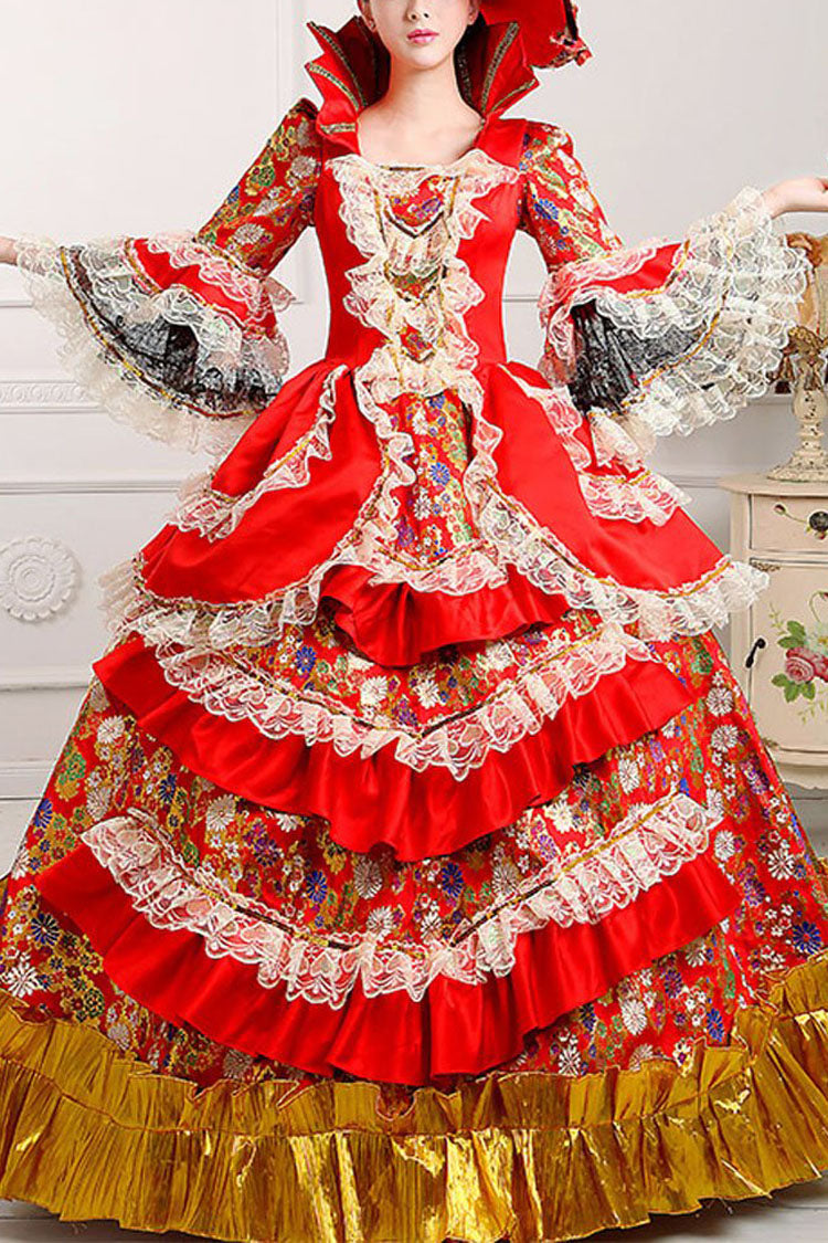 Ruffled Lace Victorian Gown with Trumpet Sleeves - Prom Dress