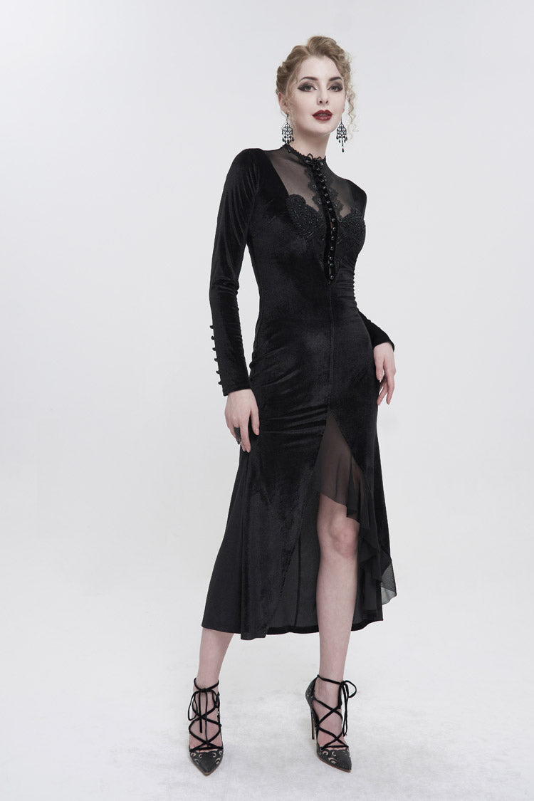 High Collar Paisley Lace Mesh Dress with Asymmetric Hem - Black Gothic