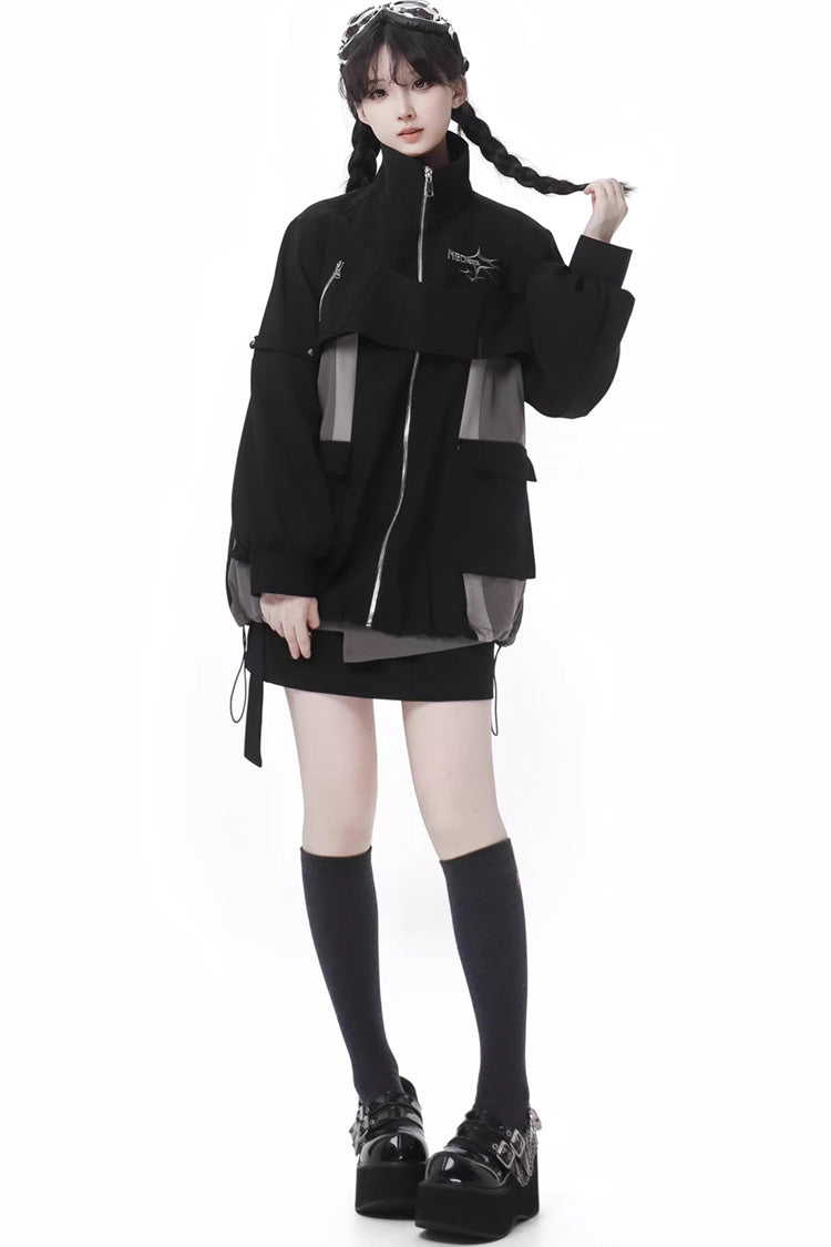 Techwear Long Sleeves Spliced Zippered Gothic Jirai Kei Skirt and Coat Set