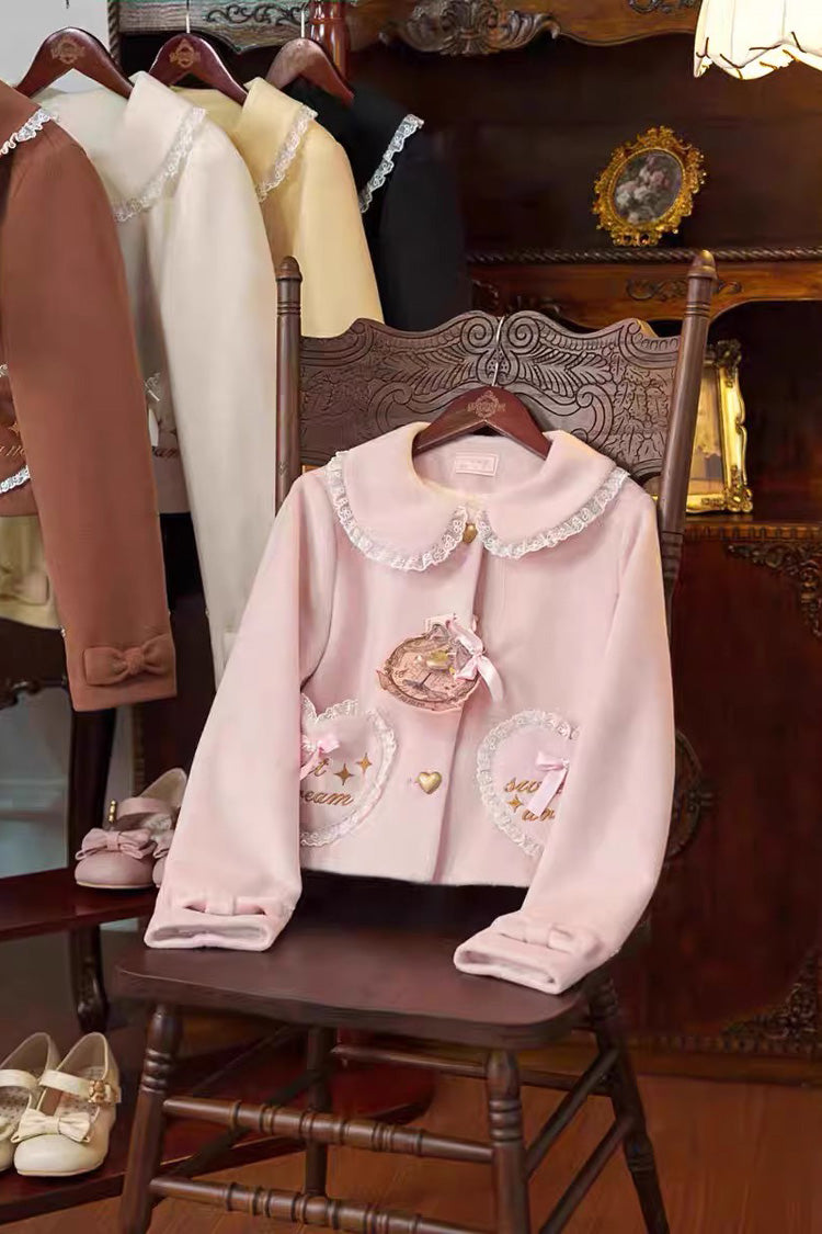Sweet Bow Lace Doll Collar Long-Sleeve Coat in 3 Colors - Creamy Dream Whisper