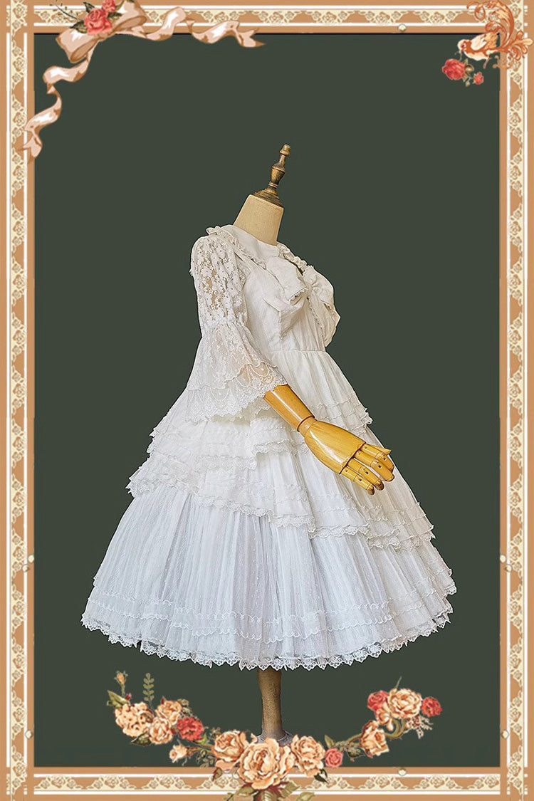 White Sweet Lolita Dress with Tower of Dawn Bowknot and Ruffled Sleeveless