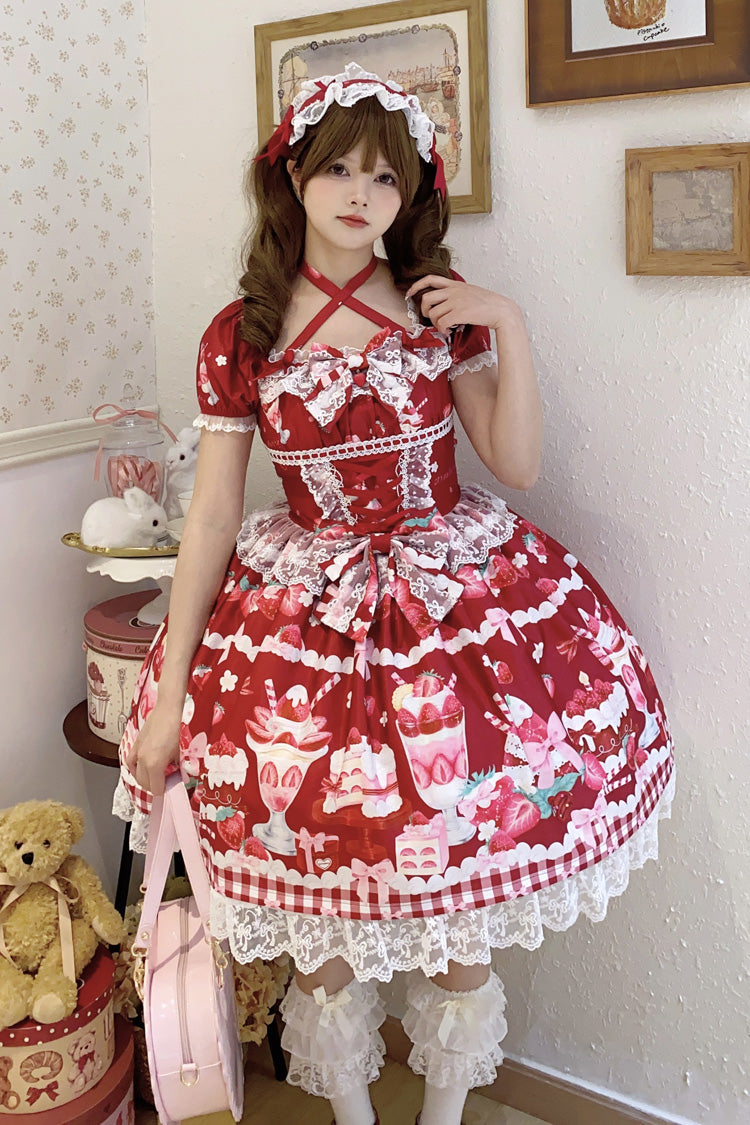Crimson Strawberry Parfait Pattern Short Sleeve Bow Lace Corset Sweet Lolita Gown