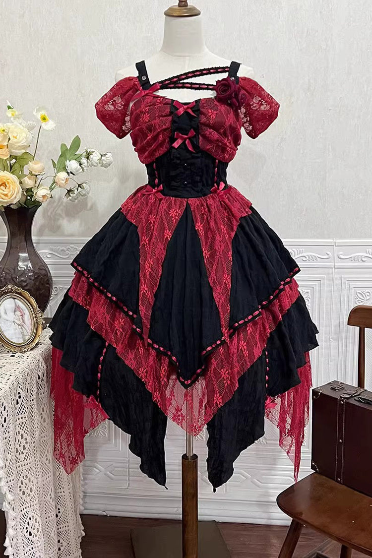 Crimson Noir Sleeveless High-Waist Patterned Asymmetrical Gothic Corset Dress