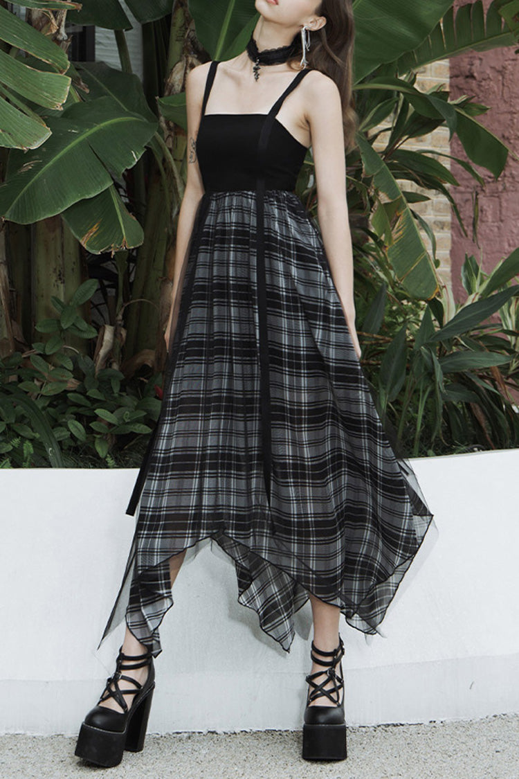 Charcoal Eyelet Strap Hem Plaid Chiffon Punk Slip Dress for Women