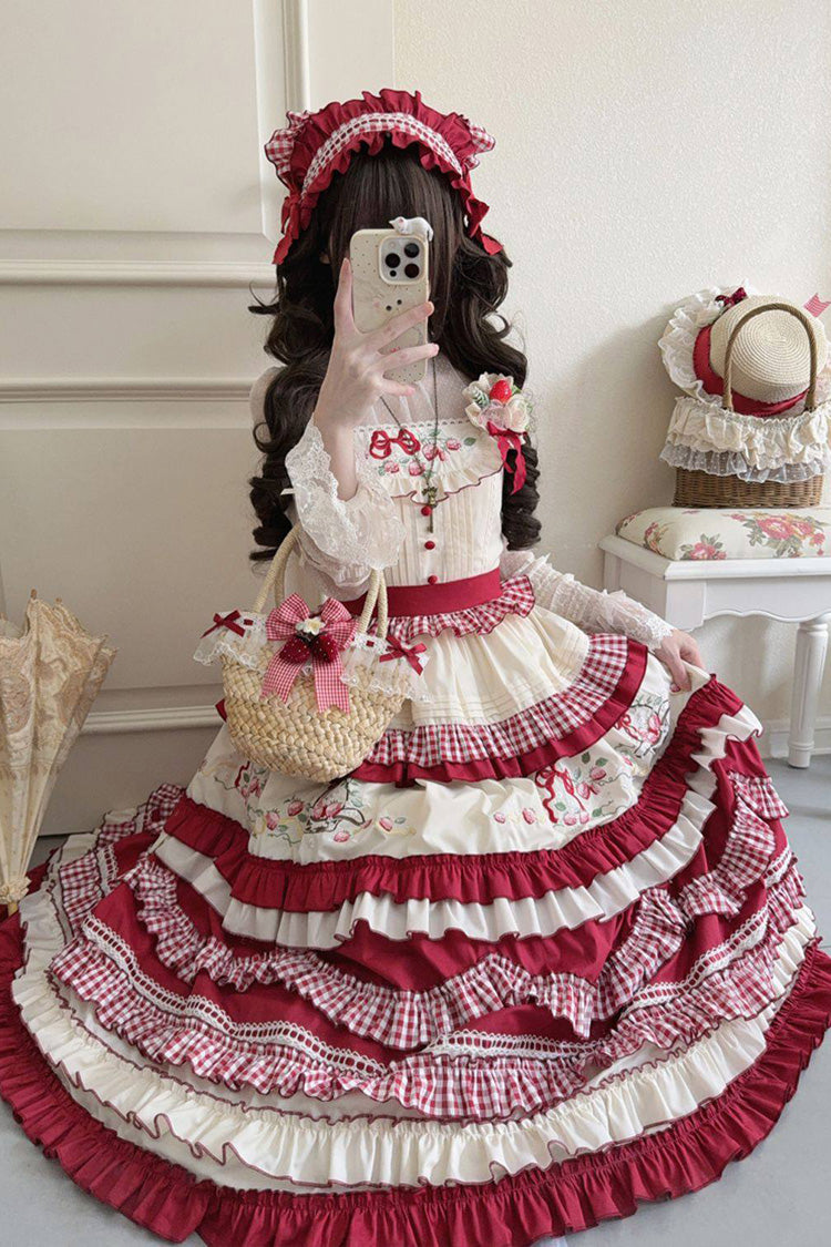 Crimson Strawberry Basket Square Neck Multi-Layer Print Ruffled Embroidered Bow Sweet Lolita JSK