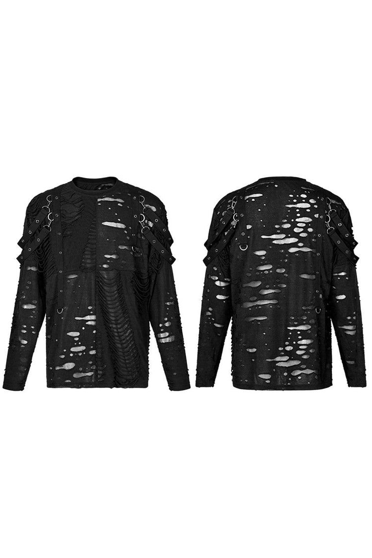 Gothic Distressed Knit Metal Buckle Removable Strap Long-Sleeve Tee