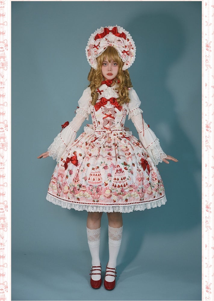JSK Print Strawberry Sweet Accents and / Lolita White Set Bow Desserts Full