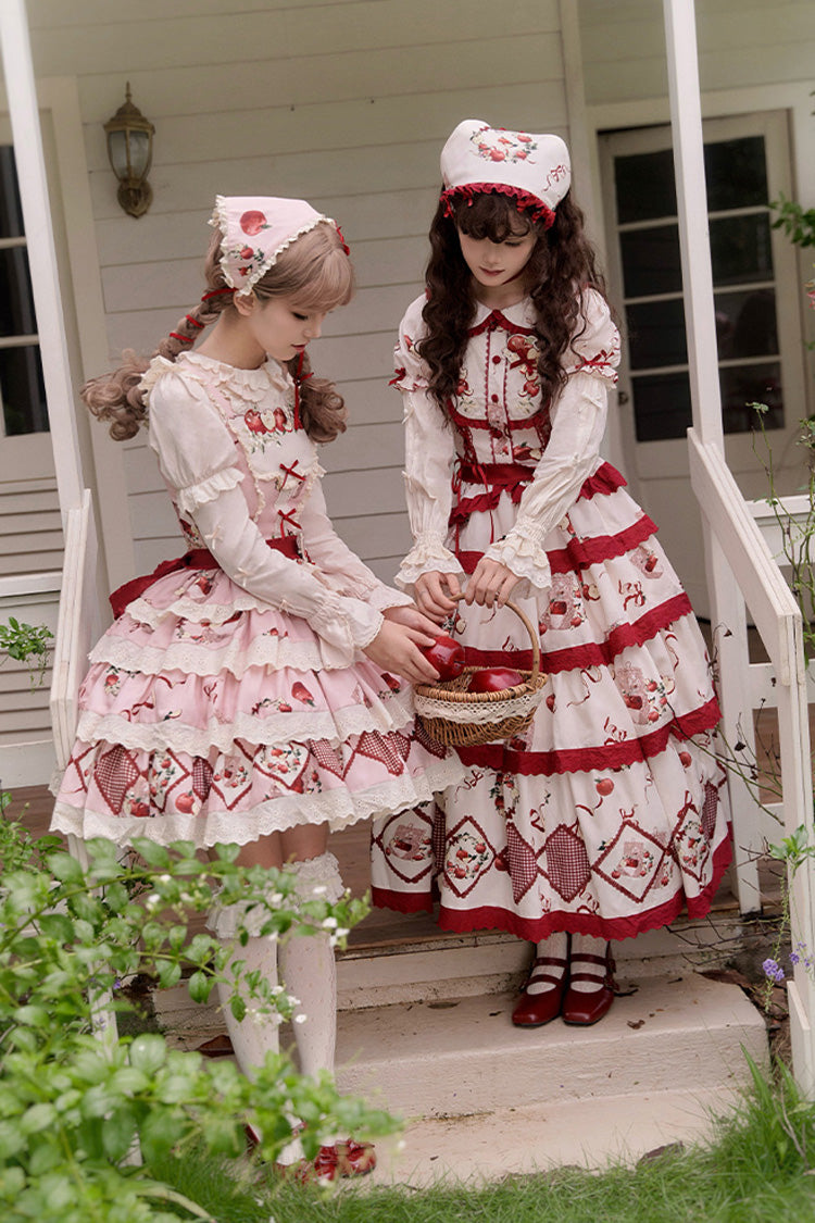 Crimson Beige Triple-Layered Apple Orchard Printed Ruffled Embroidered Sweet Lolita Maxi Skirt