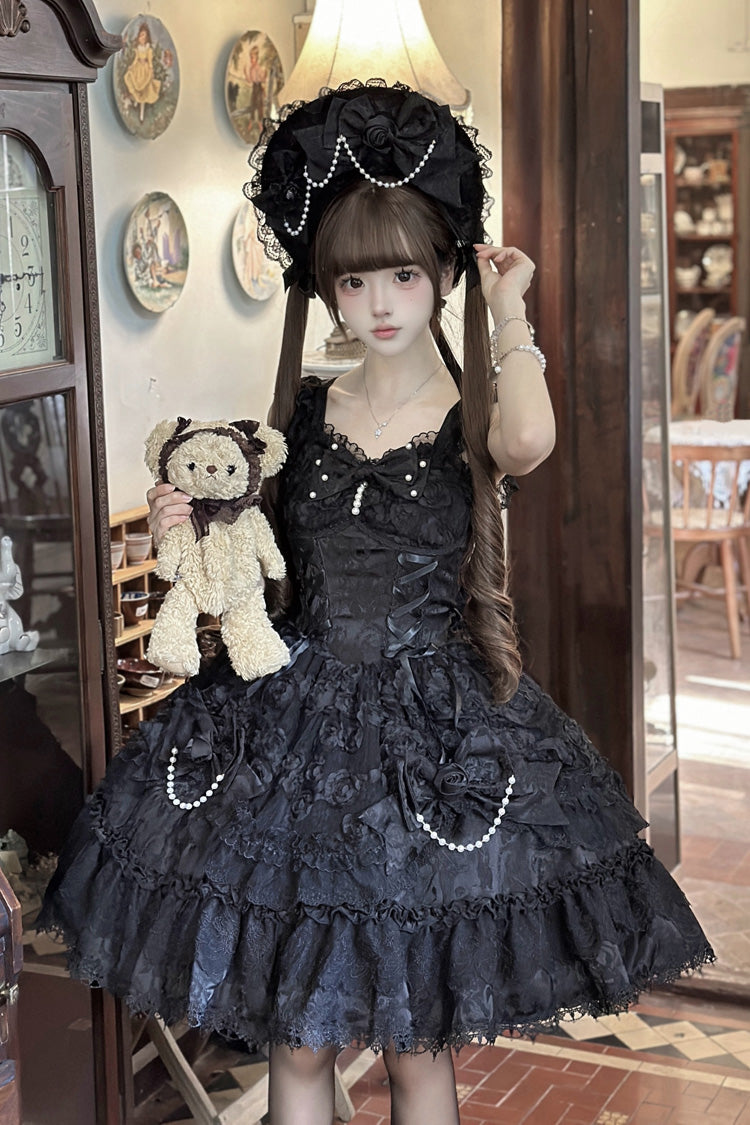 Onyx Sleeveless Ruffle Bow Lace Corset Gothic Ballet Jumper Dress - Rose Princess