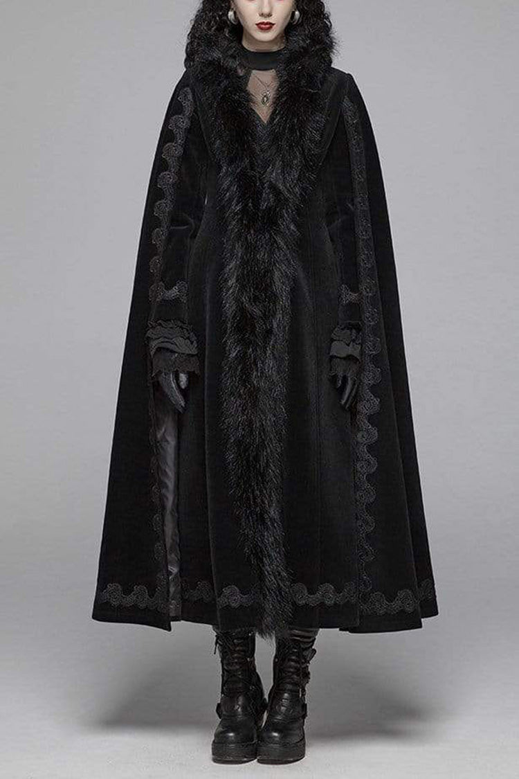 Gothic Fur Collar Slit Cloak Sleeve Back Lace-Up Faux Cashmere Long Coat