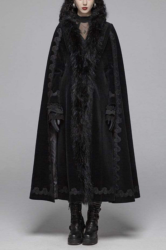 Gothic Fur Collar Slit Cloak Sleeve Back Lace-Up Faux Cashmere Long Coat