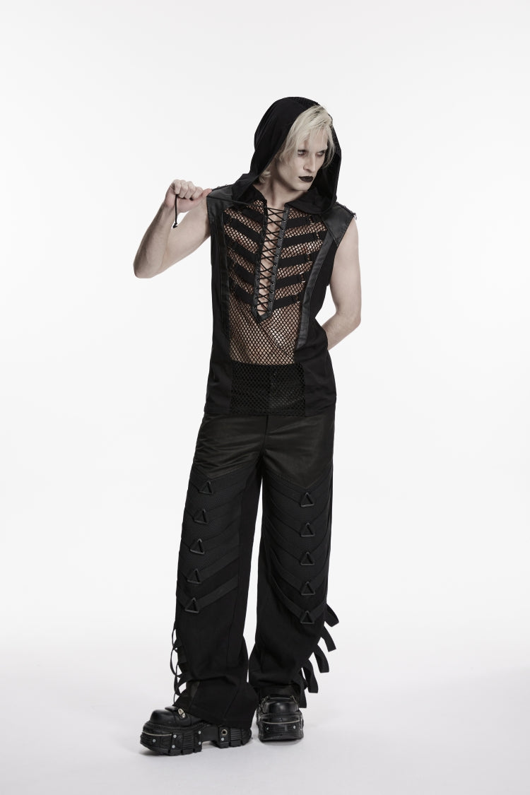 Noir Punk Vest with Hood and Lace-Up Front