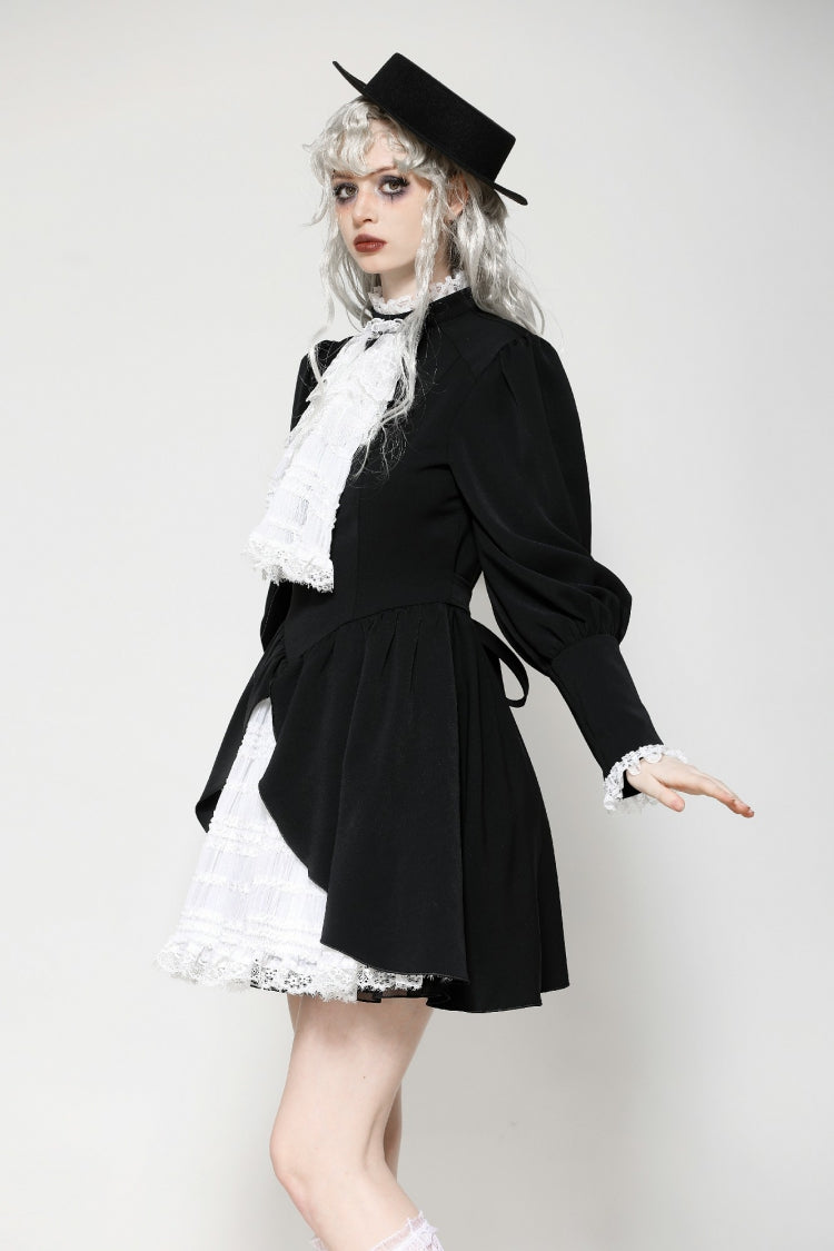 Monochrome Gothic Dress with Pleated Lace, Stand Collar, and Puff Sleeves