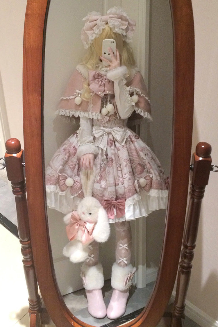 Pink Princess Dessert Cat Print Bow Lace Lolita Dress Set