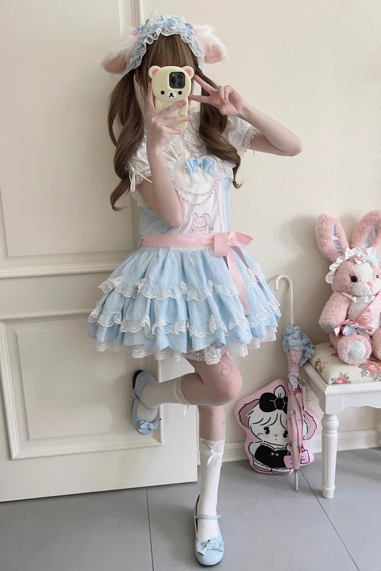 Blue Sleeveless Double Layer Ruffle Rabbit Embroidery Bow Lace Sweet Jsk
