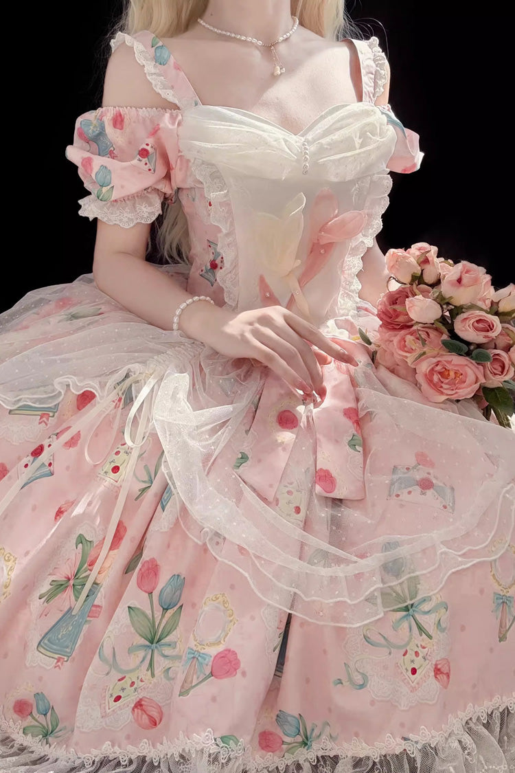 Tulip's Letter Off-Shoulder Dress with Print & Bowknot