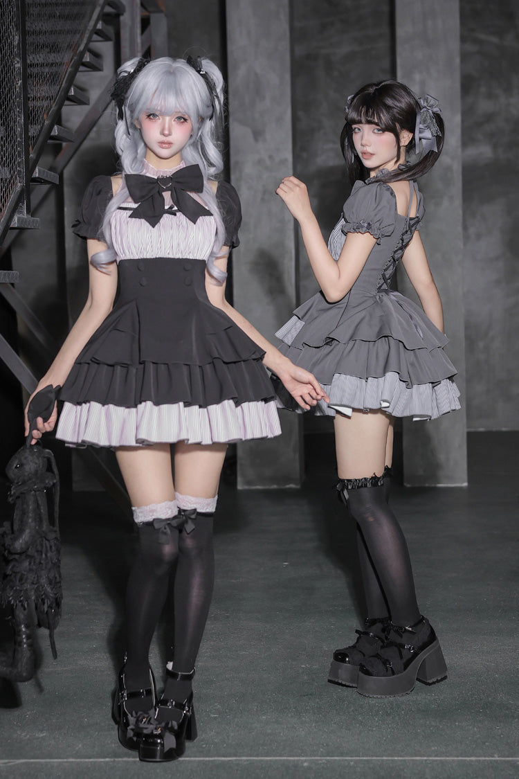 Halterneck Square Collar Ruffled Lolita Dress Set - Black/Grey