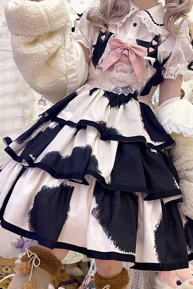 Black Sleeveless Triple Layer Cow Print Ruffle Bow Sweet Jsk