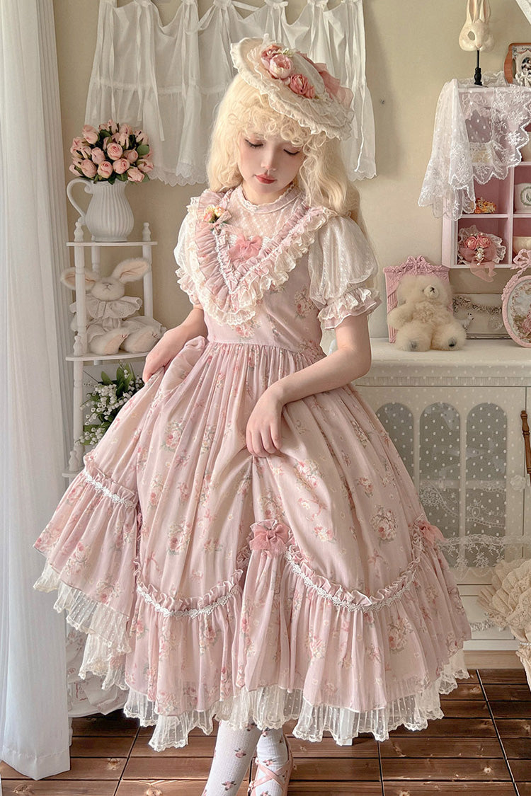 Daydream Rose Floral Jacquard Print Ruffle Embroidered Bow Sweet Lolita Dress in Three Shades