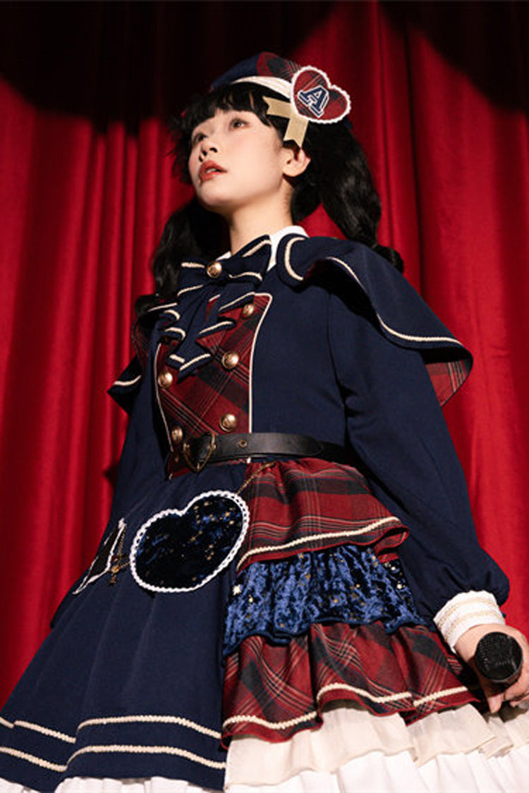 Red Dark Blue Starlight Academy Style Long Sleeves Printed Ruffled Spliced Asymmetric Faux Two-Piece Sweet Dress