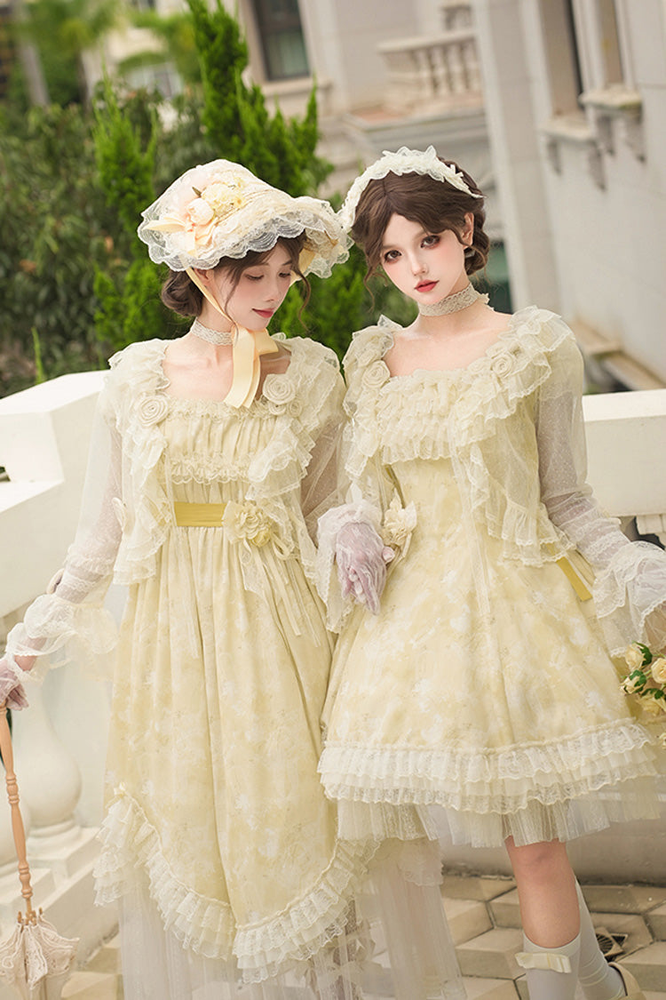 Golden Square Collar Short Sleeve Printed Ruffle Lace Sweet Elegant Long Gown - Falling Flowers as a Message