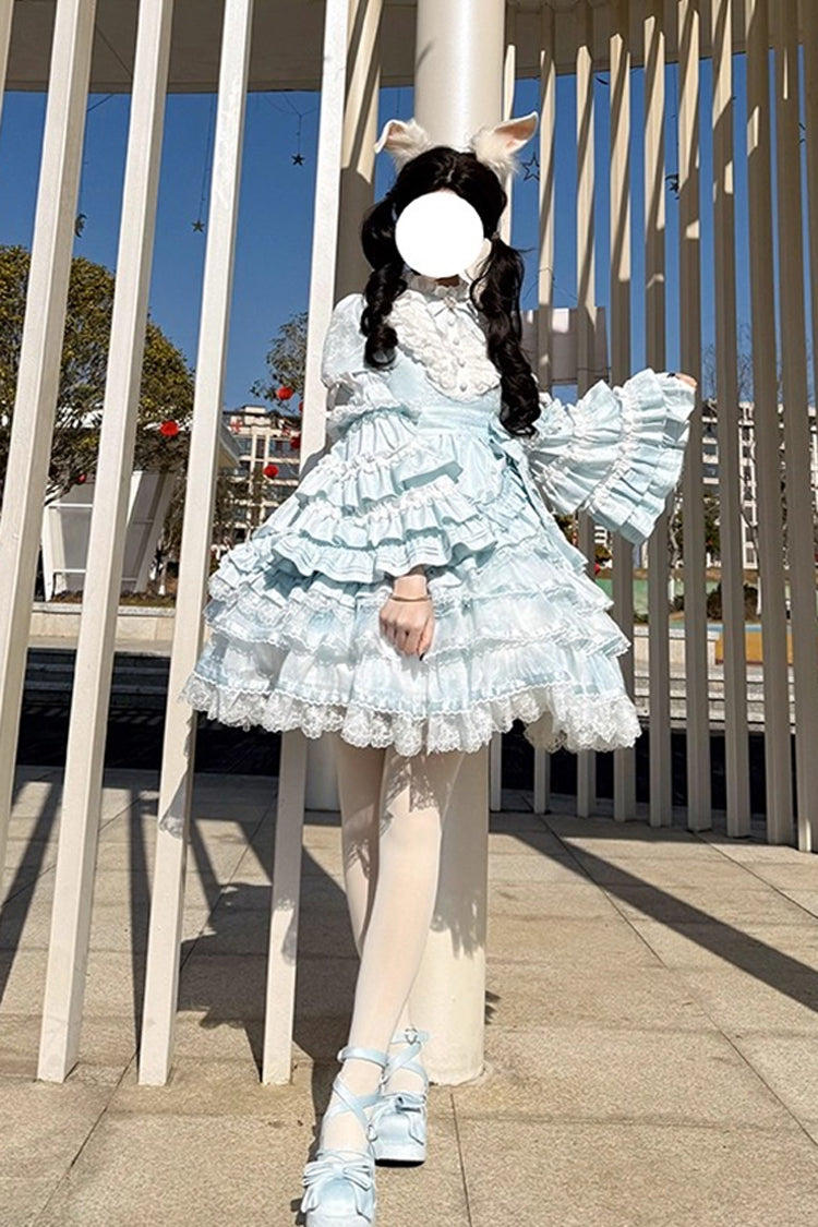 Soloist Doll Long Hime Sleeve Layered Print Ruffle Asymmetric Sweet Lolita Dress