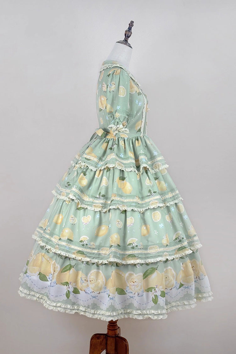 Triple-Layered Print Ruffled Bow Lace Sweet Gorgeous Lolita Dress - Green Lemon Chicken