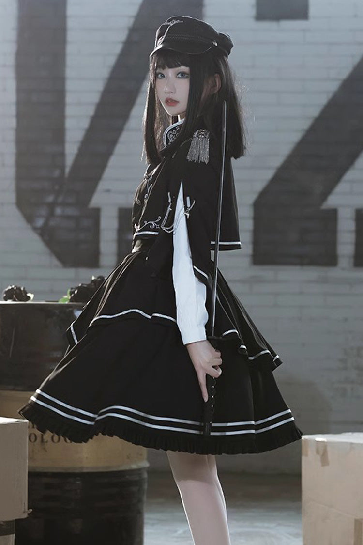 Gothic Military Lolita Skirt with Thorn Print & Ruffle Trim