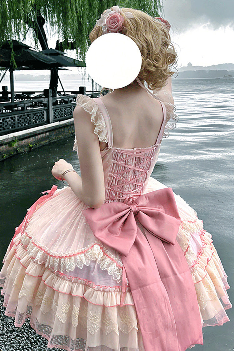 Magenta Sleeveless Ruffle Bow Lace Corset Sweet Jumper Dress - Candy House