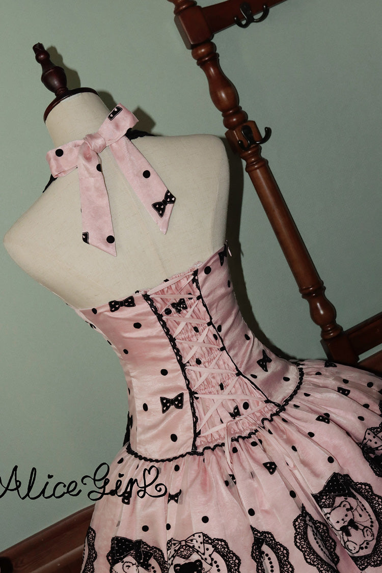 Pink Halter Sleeveless Embroidered Bow Lolita Gown - Sugar Bear