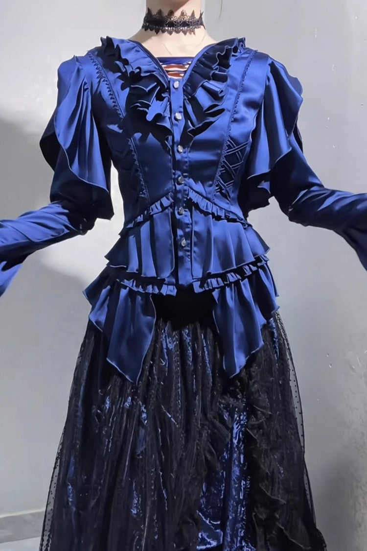 Echoes of the Deep Sea Hime Sleeve Ruffled Bow Corset Gothic Ouji Lolita Blouse in Four Shades